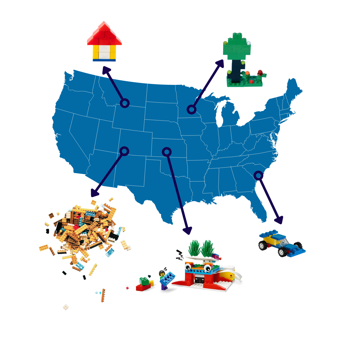 A map of the USA. There are arrows to 5 areas on the map (presumably rural towns). These arrows point to 5 different, small lego models. One of a tiny house, one of a tree, on of a small car, and one of a little monster. The last arrow points to a pile of disconnected lego.